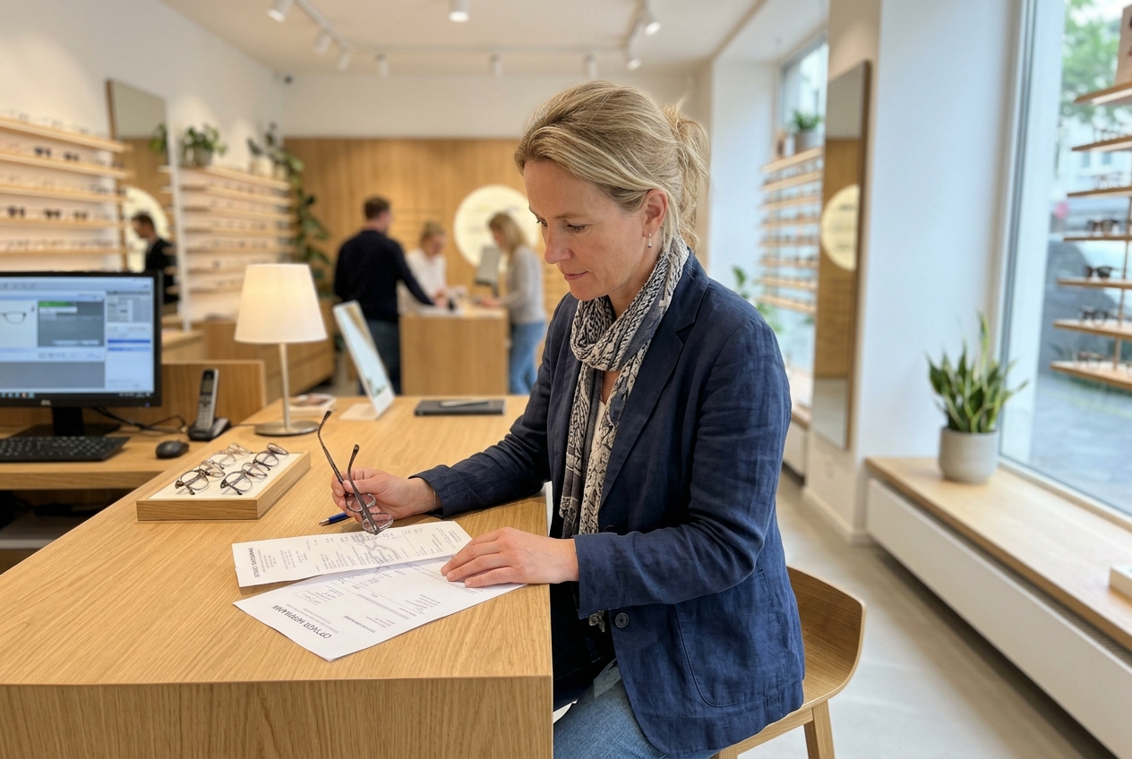 Person beim Optiker mit Rechnung