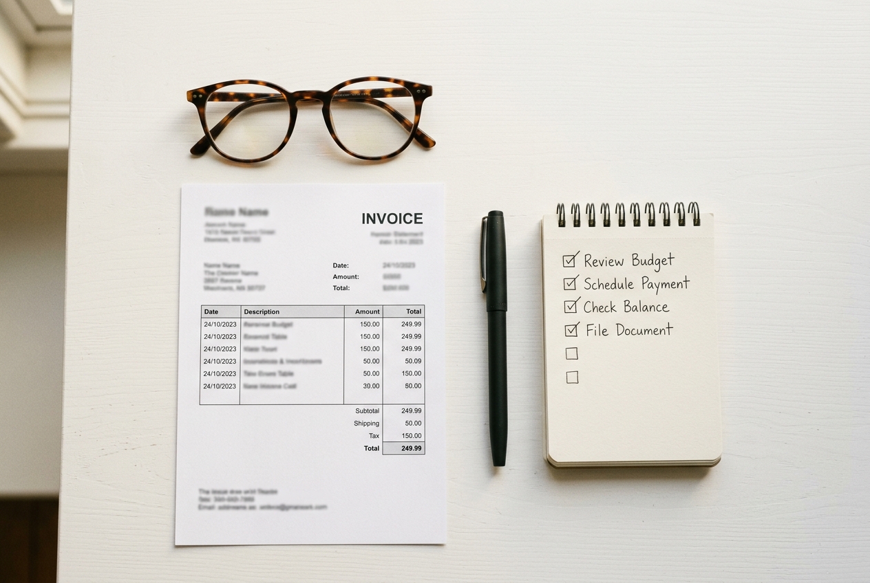Brille mit Rechnung und Checkliste
